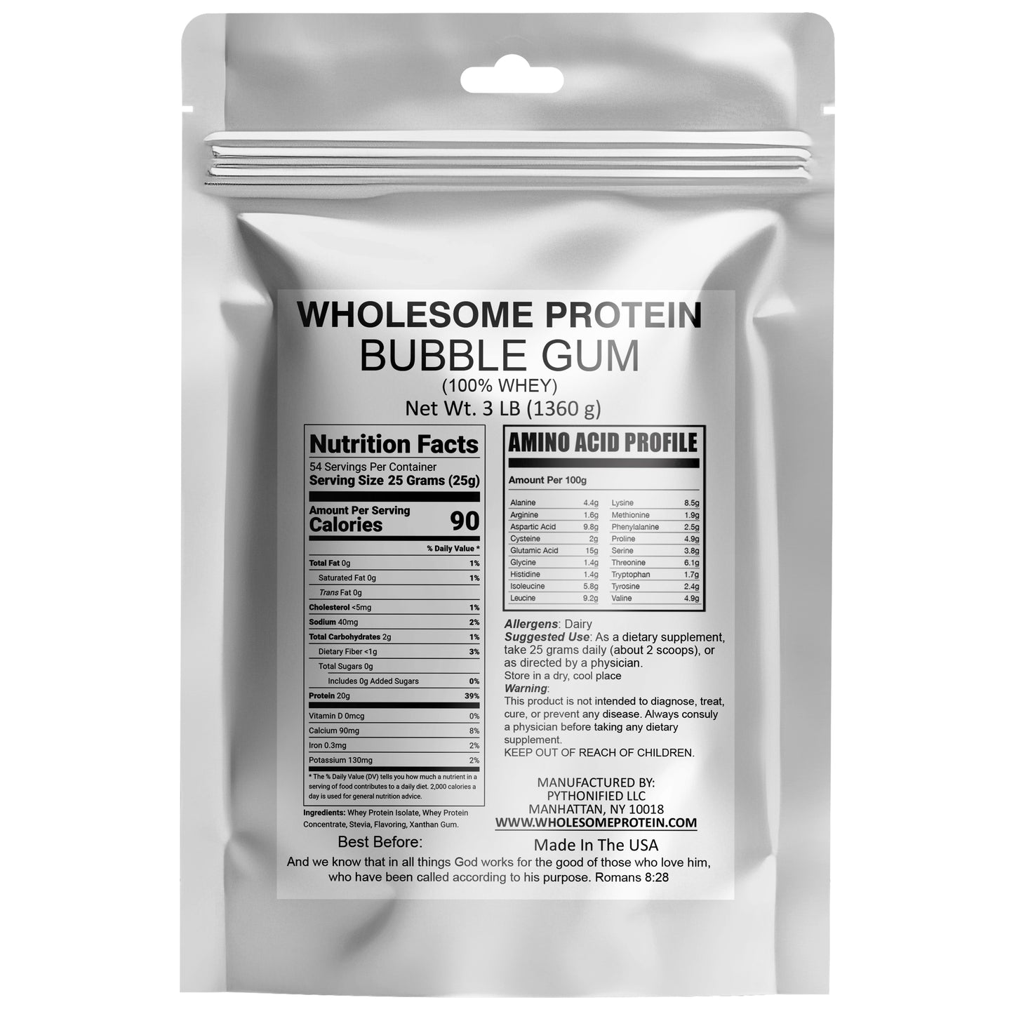 Wholesome Protein 100% Whey, Isolate Protein Blend Powder, Bubble Gum Flavor (18 - 54 Servings)